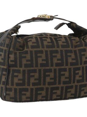 FENDI Zucca Canvas Vanity Hand Bag Black Brown gold